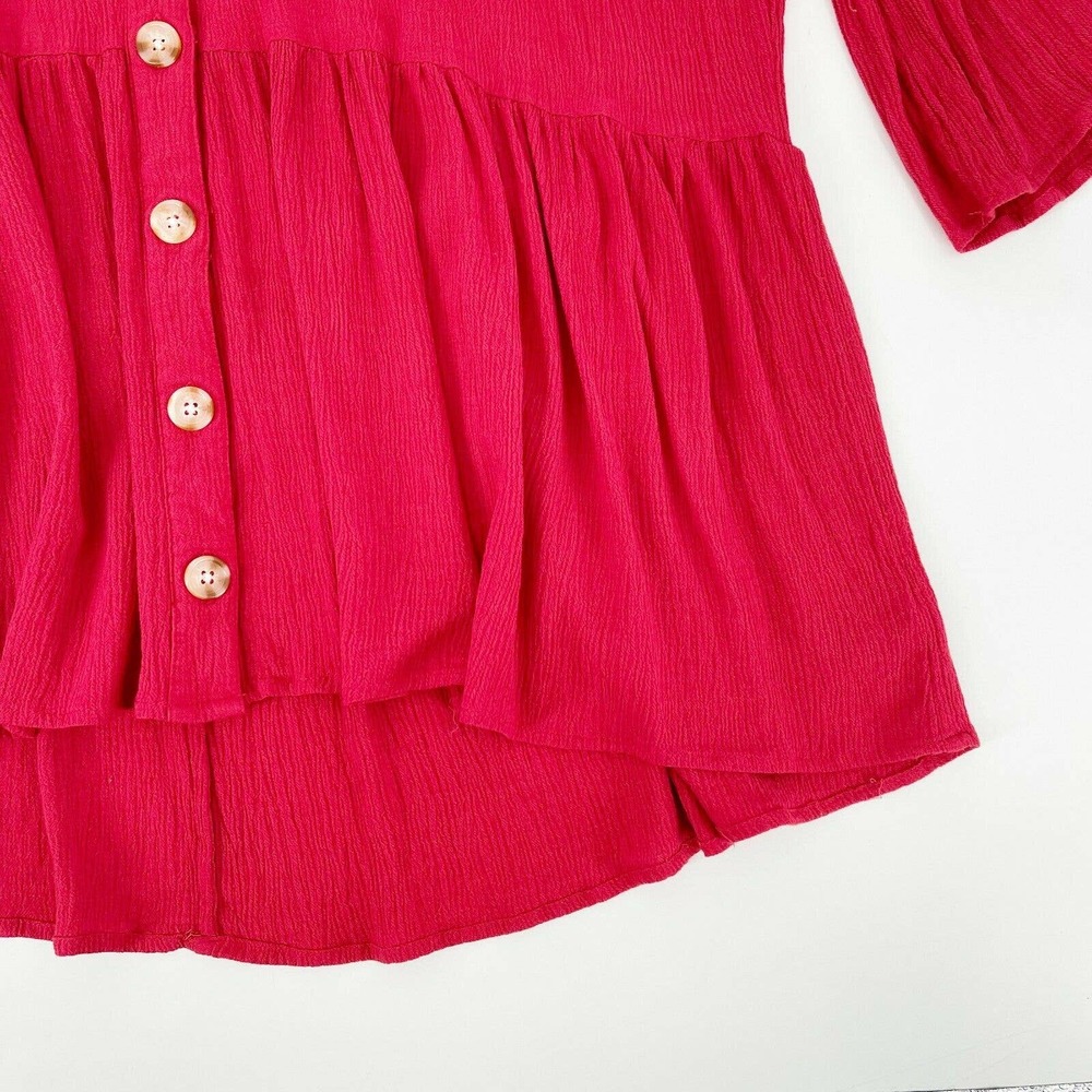 Torrid Gauze Cold Shoulder Blouse Plus Sz 3X Red V-Neck Faux Button Up Bell Slv - Picture 3 of 7